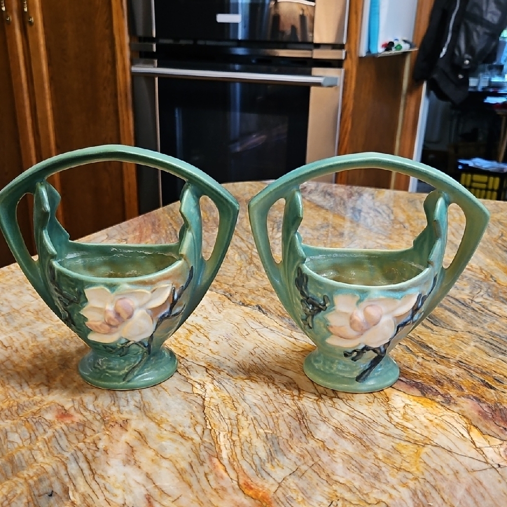 ROSEVILLE Vintage Pottery Magnolia Basket Vase Planter Pots SET of 2 #383-7